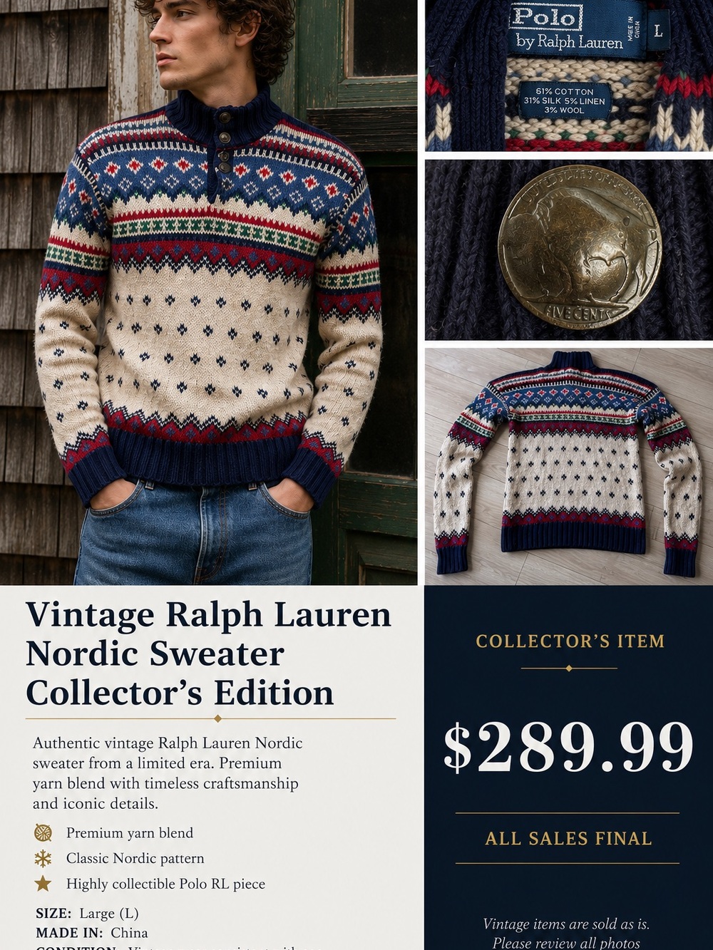 Polo Ralph Lauren Vintage Nordic Sweater Men’s Large L Fair Isle Buffalo button